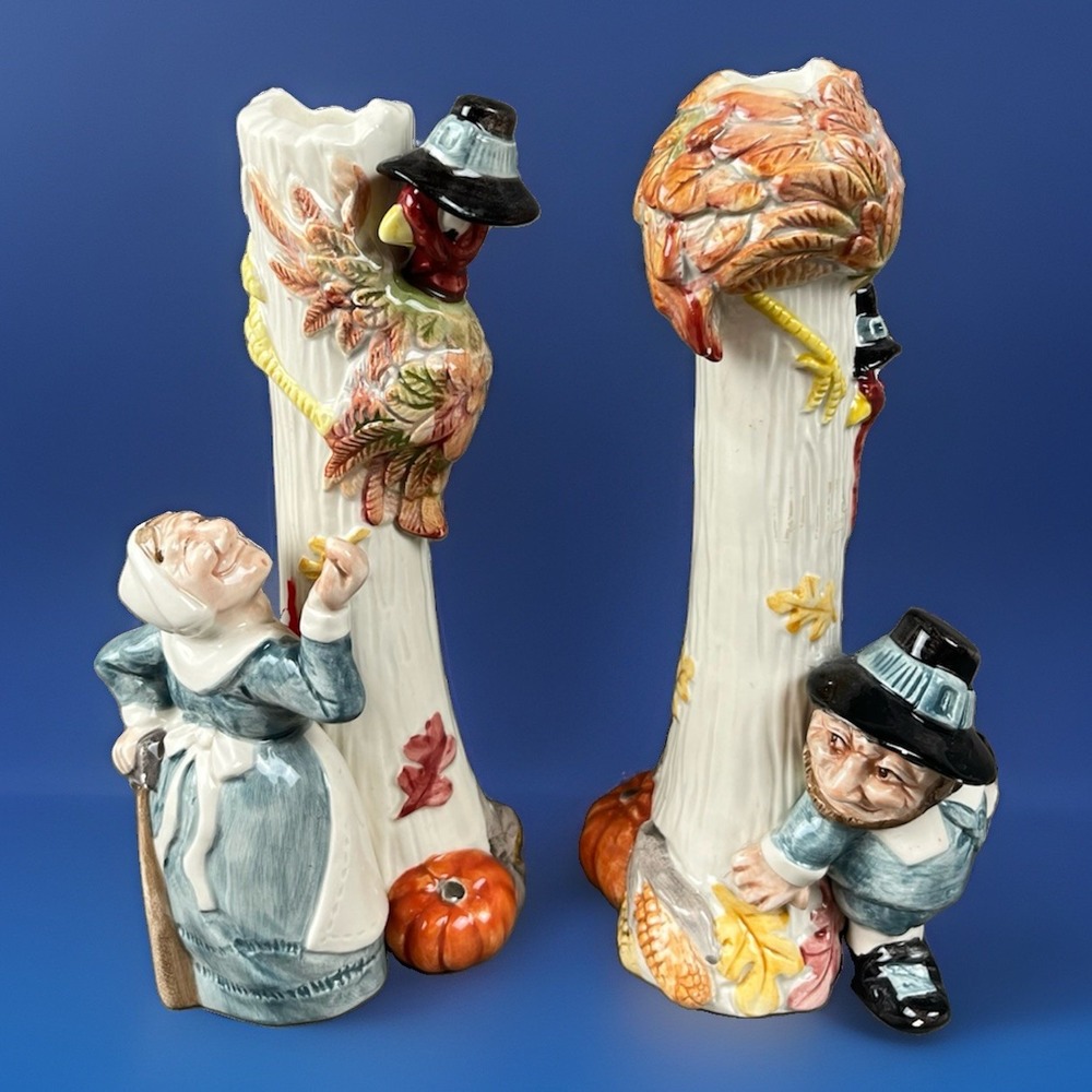 FITZ & FLOYD 1990 THANKSGIVING PILGRIM'S PROGRESS Candle Holders Candlesticks